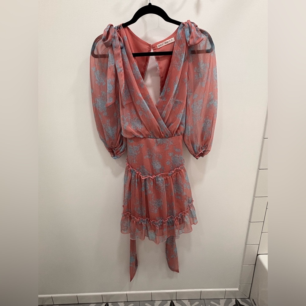 Saints + Secrets Pink Floral Ruffle Mini Dress Bow Shoulders Anthropologie - Picture 2 of 5